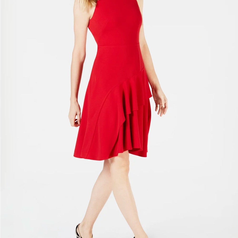 NWT Calvin Klein Ruffle Fit & Flare Red Sleeveless Dress